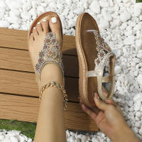 Sandalia punta redonda de gran tamaño ahuecada parte inferior plana estilo diamantes de imitación zapatos de mujer cómodos verano - details 6