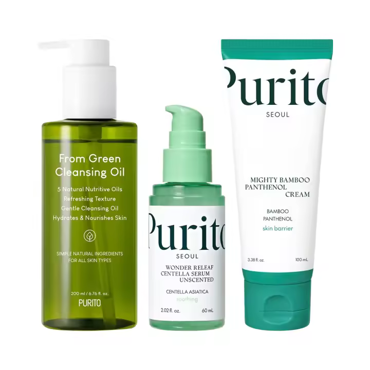 PURITO de aceite limpiador verde, suero sin perfume Centella y potente crema de pantenol de bambú - 1