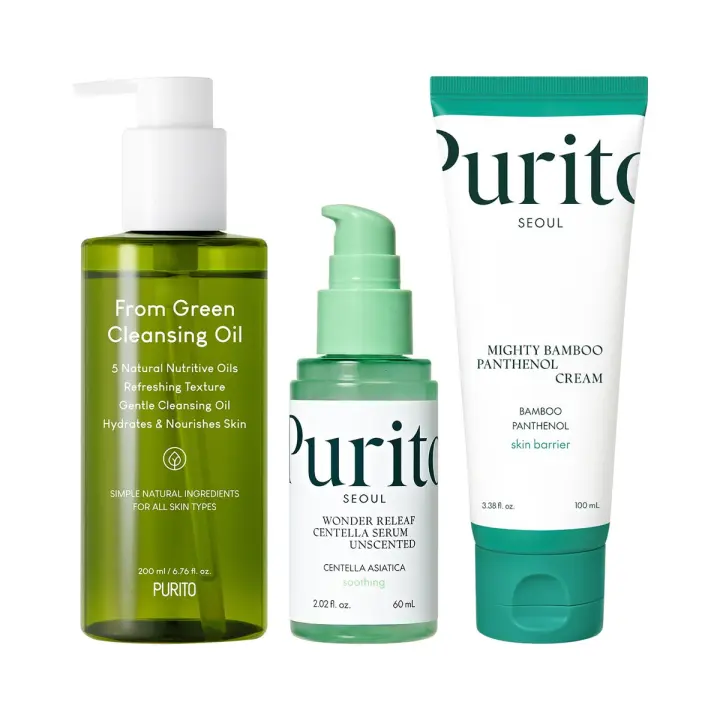 PURITO de aceite limpiador verde, suero sin perfume Centella y potente crema de pantenol de bambú - 1