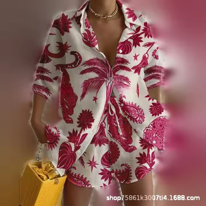 Conjunto de Bohemio de Camisa para Mujer de 2 Piezas Top de Manga Corta y Pantalones Cortos - 1