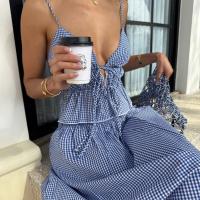 2025 Vestido de traje de las mujeres del verano, escote sin espalda vestido de tirantes, sin mangas, a cuadros - details 3