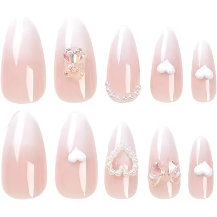 24 uñas postizas Grandes de Almendra, Rosa nude, con Efecto ibré, con Perlas y decoración de joyas. - 1
