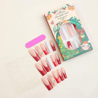 Uñas artificiales de mariposa brillante para mujeres y niñas, manicura francesa de 24 piezas, con borde rojo, para salón de uñas en casa - details 3
