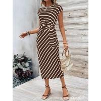 Vestido largo de manga corta con cuello redondo a rayas y cintura elegante con vestidos de encaje utilizados para la fiesta de verano de las mujeres - details 39