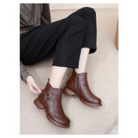 Botas de cuero para mujer Botas de invierno de moda para mujer Zapatos de tacón bajo cálidos y antideslizantes para mujer - details 8