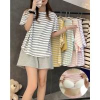 Conjunto De Pijamas Para Mujer Talla Grande Con Almohadilla Verano Estilo Coreano Moda Holgada Y Casual Verde Estampado Rayado Homewear - details 8