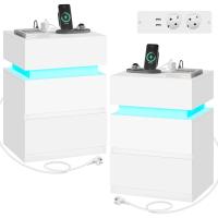 Piezas Mesita Noche con Estación de Carga, Mesita Noche con Luz LED, 2 Cajones, 2 Puertos, 2 Enchufes, Mesita Noche para Dormitorio, Blanco, NTS23ws-2 - details 0