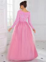 Elegante Vestido de Terciopelo con Lentejuelas Cuello en V, Manga Larga, Red de Cetín, Azul Cielo y Rosa, Perfecto para Fiestas - details 18