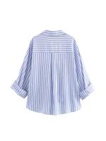 Camisa De Lino Mezclado Azul Con Rayas Estilo Académico Veraniego Para Mujer Casual Cuello En V Manga Tres Cuartos Ajuste Regular - details 2