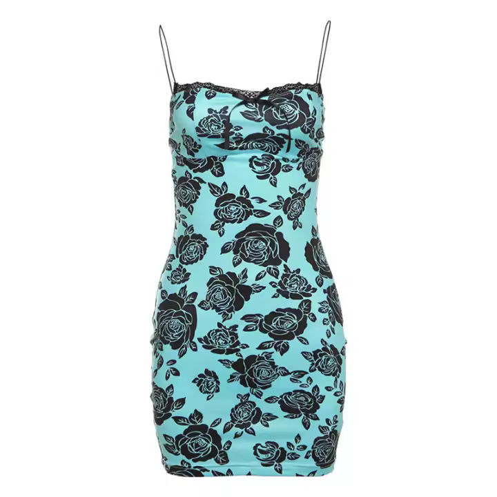BUNO-Mini Vestido de satén con estampado de flores Nibber, encaje recortado para mujer, impresionante estética, elegante, sin mangas, vestidos de noche, Vestido femenino - 1