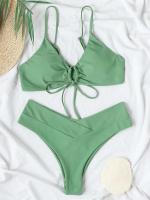 Nuevo conjunto de bikini de alta elasticidad verano 2025, sexy de dos piezas con cordones de color sólido para mujer, traje de baño de playa - details 5