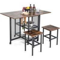 Comedor Expandible de 3 Piezas, Plegable con Hojas Abatibles con 2 Taburetes, Ruedas con Bloqueo, 2 Estantes de Almacenamiento de Malla, para Espacios Pequeños - details 0