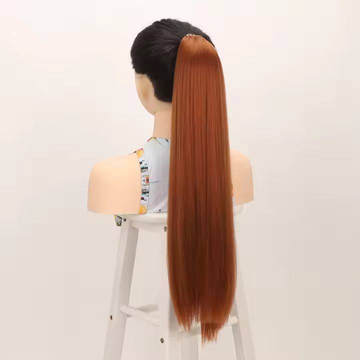 Extensiones de cola de caballo sintéticas esponjosas, suaves con banda elástica, postizo largo Yaki liso, bricolaje, colas de caballo postizas de 24 pulgadas, uso diario - 1