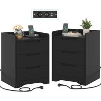 Mesitas de Noche con luces LED y Estación de Carga (2 Tomas AC, 2 Puertos USB) Mesita de Noche Blanca Mesas Auxiliares con 1 compartimento abierto y 2 cajones para Dormitorio Salón - details 18