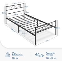 Cama Metal con somier, Cama Doble/Individual, Cama con cabecero, Cama Invitados, Cama Juvenil, para Dormitorio, habitación Invitados, 90 x 200 cm/Negro - details 1