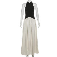 BUNO-Vestido de retazos con contraste de gato extraño para mujer, vestido Halter con espalda descubierta, sin mangas, dobladillo plisado, tendencia de vacaciones, informal, elástico, básico, ceñido largo - details 10