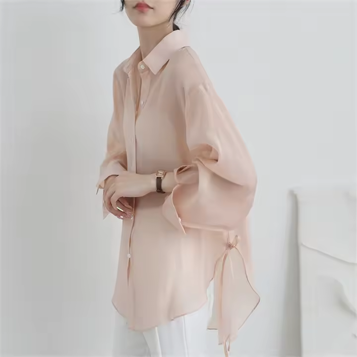 Camisa de protección solar de seda de manga larga para mujer, abrigo de camisa delgada informal, estilo perezoso, moda de verano - 1