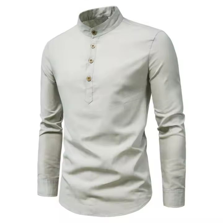 Camisa De Negocios Para Hombre De Cuello Erguido De Color Sólido Y Corte Slim Con Mangas Largas Y Cierre Único - 1