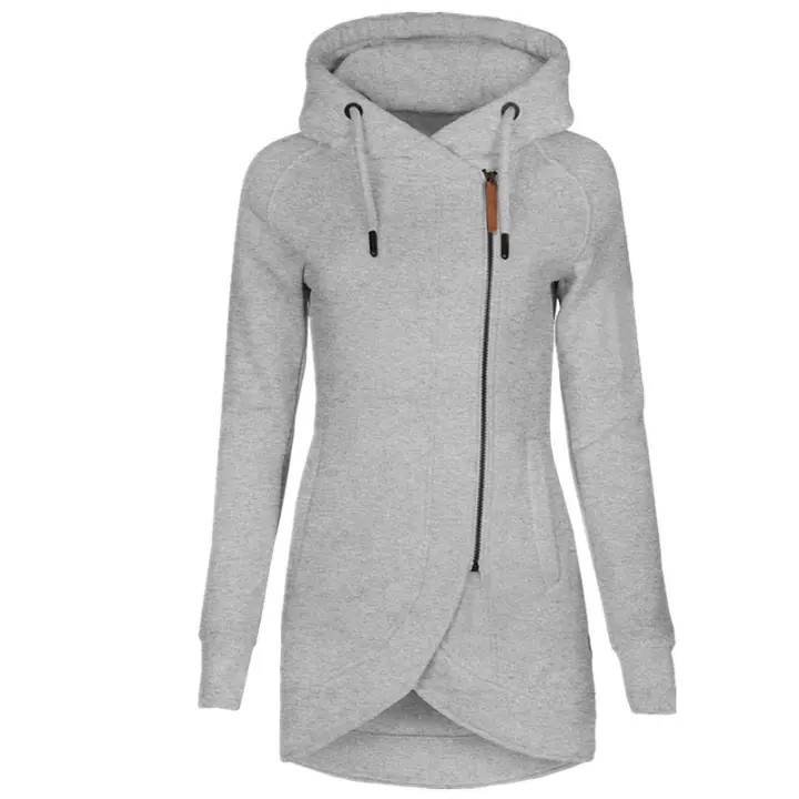 Sudadera larga con capucha y cremallera para mujer, chaqueta informal Retro, Color sólido - 1
