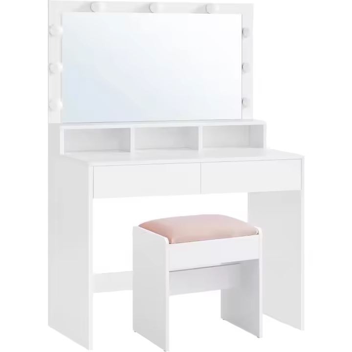 Tocador, Mesa de Maquillaje con Espejo y Luces LED con Brillo Ajustable, Taburete, 2 Cajones y 3 Compartimentos, Moderno - 1