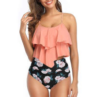 Sexy con volantes con cintura alta y cojín en el pecho, traje de baño dividido en bikini para mujer - details 9
