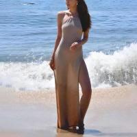 2025 Primavera y verano Estilo caliente Doble cara Abertura larga Correas sexy Espalda bonita Color sólido Vestido de playa de punto - details 4