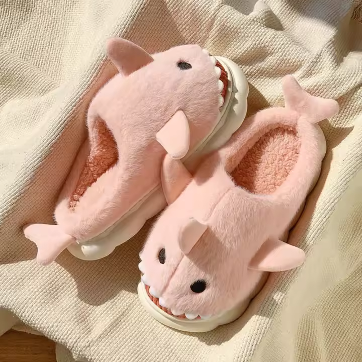 Zapatilla de tiburones nublados, Zapatillas de felpa de tiburón, zapatos de invierno, zapatillas mullidas de animales, zapatillas antideslizantes divertidas y cálidas de piel - 1