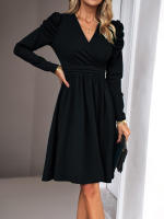 Vestido elegante con cuello en V y manga G para mujer, ropa de color sólido, moda para otoño e invierno - details 10