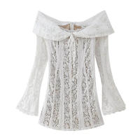 OUWU- Nuevo vestido corto de encaje con manga acampanada para mujer, minivestido de un hombro, fibra de poliéster, manga larga, línea de cintura imperio, estilo hecho a sí mismo - details 0