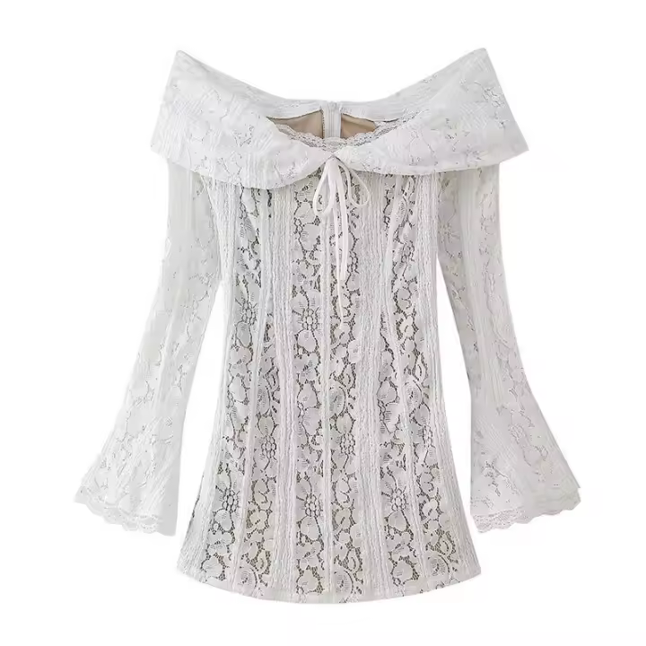 OUWU- Nuevo vestido corto de encaje con manga acampanada para mujer, minivestido de un hombro, fibra de poliéster, manga larga, línea de cintura imperio, estilo hecho a sí mismo - 1