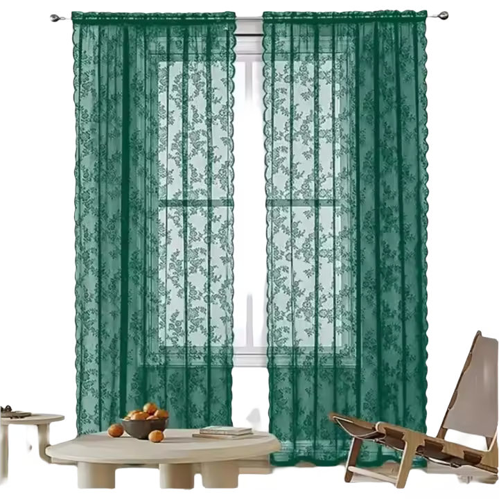1pc Cortinas De Encaje Verde Para Sala Y Dormitorio Cortinas Perforadas De Gauze Blindaje Translúcido Estilo Pastoral - 1