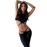 BUNO-Conjuntos de 2 piezas con tirantes huecos de gato extraño para mujer, Tops sexys lisos con cuello Halter y espalda descubierta + Pantalones acampanados con lentejuelas, trajes ajustados para fiesta - details 19