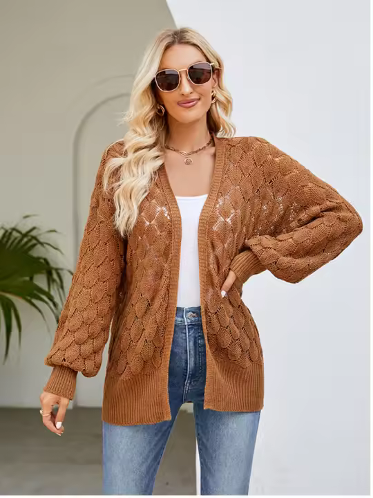 Cárdigan informal holgado de manga larga para mujer, suéter de punto hueco, ropa lisa, otoño, 2023 - 1