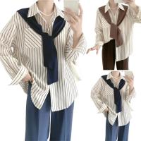 Camisa de mujer de dos piezas falsa estilo Maillard de otoño, chal tejido marrón, camisa con Raya Vertical en la espalda, blusa, camisa de mujer de estilo francés - details 16