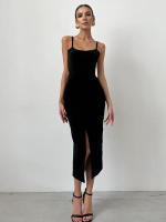 Vestido largo negro sin espalda, entallado, versátil, con abertura y tirantes finos, nuevo diseño de primavera. - details 4