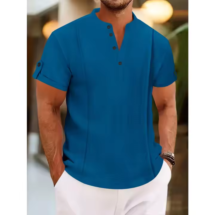 Camisa casual de manga corta para hombre, jersey de manga corta vintage plisado con cuello en V y botones de color sólido para hombre - 1
