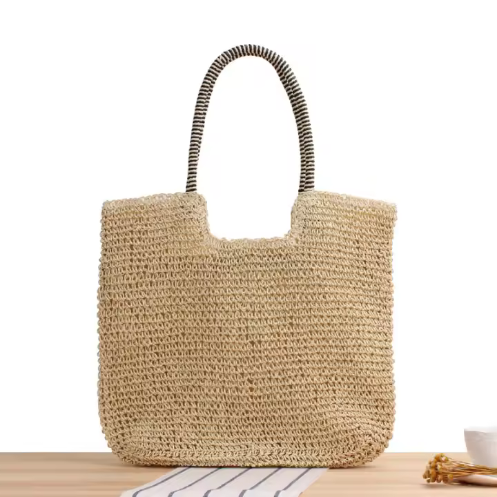 Bolso de playa tejido a mano, bolsa de un solo hombro, estilo bosque, Color sólido, a la moda, para verano - 1