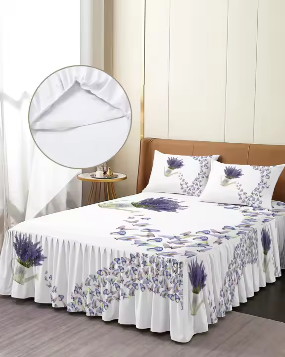 Colcha elástica ajustada con funda de almohada, conjunto de ropa de cama con falda de mariposa, lavanda, flor púrpura - 1