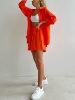 Conjunto de dos piezas de camisa de manga larga con cuello vuelto, botones y bolsillo, y pantalones cortos anchos de pierna, de algodón, estilo primaveral/veraniego. - details 22