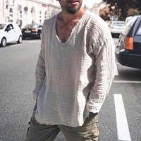 Camiseta Casual de Cuello en V para Hombres Manga Larga Color Sólido Ajuste Suelto Delgada - details 10