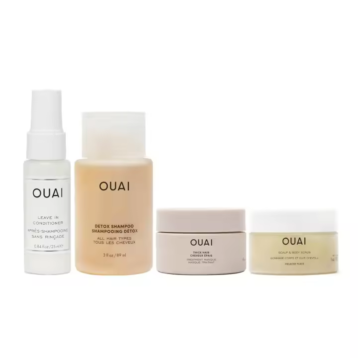 El kit OUAI incluye acondicionador sin enjuague, champú desintoxicante, mascarilla para cabello fino a medio, exfoliante para el cuero cabelludo y el cuerpo - Medias de tamaño de viaje - 1