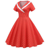 Vestido midi de línea A informal y elegante con cuello y manga corta para fiesta de lunares de verano para mujer - details 11