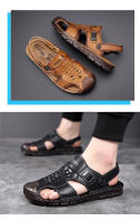 Sandalias zapatos de playa de piel de vaca de primera capa de verano para hombres, suelas suaves de piel de vaca de cuero genuino, conduciendo afuera, las zapatillas geniales Baotou Dad son populares - details 14