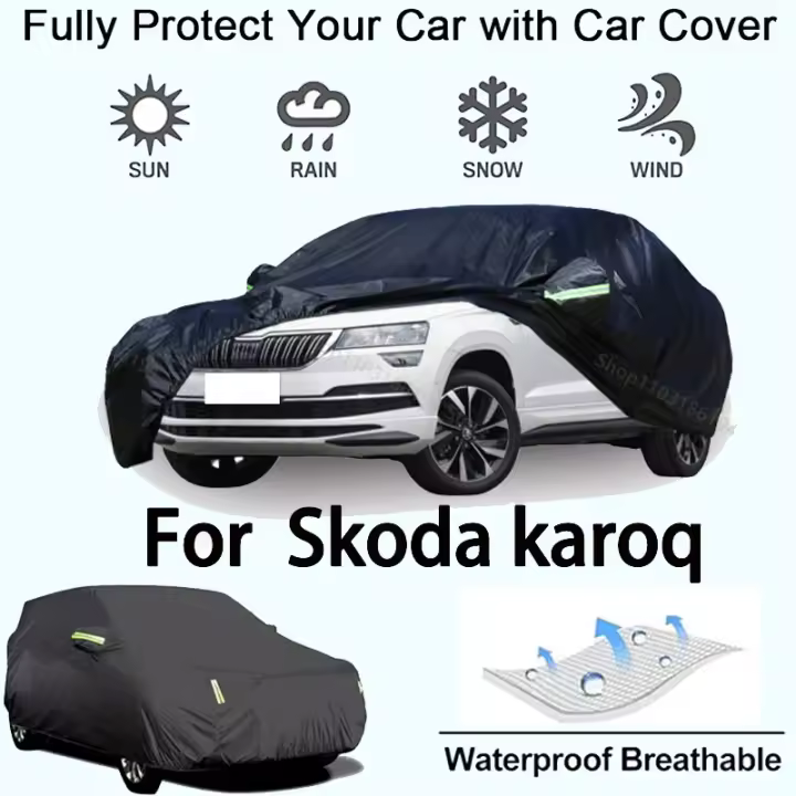 Funda completa para coche para Skoda Karoq, protector para exteriores, a prueba de nieve, parasol, accesorios para automóviles impermeables y a prueba de polvo, negro - 1