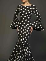 Maxi vestido de noche con estampado de lunares para mujer, manga acampanada, volantes, elegante vestido de trompeta, cuello redondo, temperamento - details 1