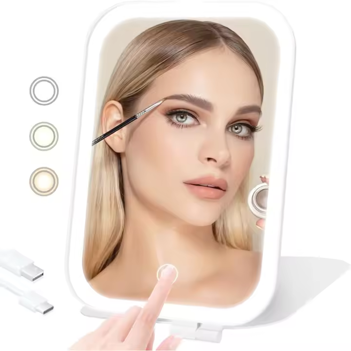 Puiuisoul Espejo de Maquillaje de Viaje, portátil con Luz, 3 Configuraciones de luz Ajustables Espejo de Tocador Recargable por USB Dormitorio, Oficina, - 1