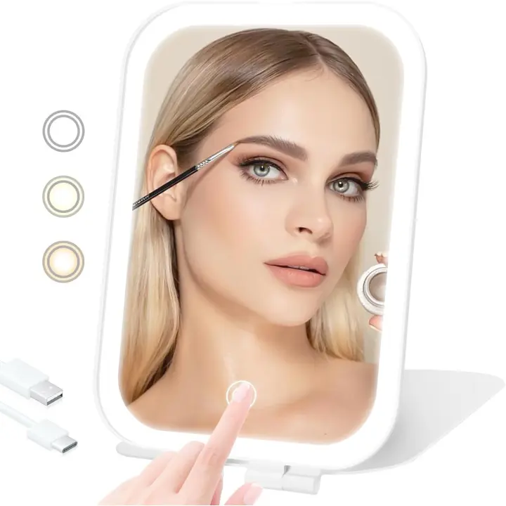 Puiuisoul Espejo de Maquillaje de Viaje, portátil con Luz, 3 Configuraciones de luz Ajustables Espejo de Tocador Recargable por USB Dormitorio, Oficina, - 1