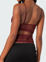 Women Summer Sexy Lace Sheer Camisole V-Neck Spaghetti Strap Sheer Vest Slim Fit Cutout Show Navel Tank S - details 2