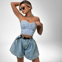 Spice girl pecho top conjunto de las mujeres de gama alta casual moda denim pecho envoltura tubo superior cintura alta suelta pantalones cortos - details 9
