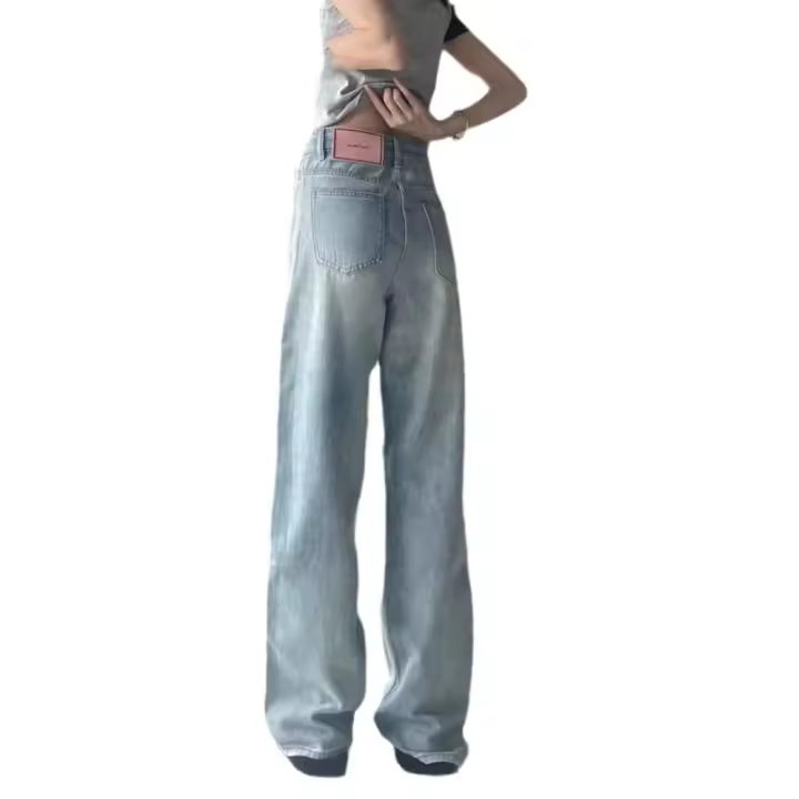 Novedad de verano, pantalones vaqueros rectos sueltos de color azul claro, pantalones de pierna ancha drapeados versátiles de cintura alta - 1
